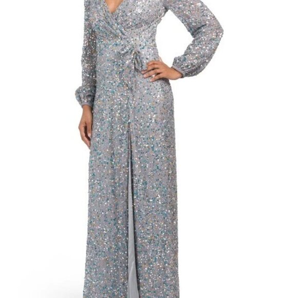 NWT MAC DUGGAL Plunging V-neck Sequin Evening DRESS Gown  SILVER - Picture 1 of 3